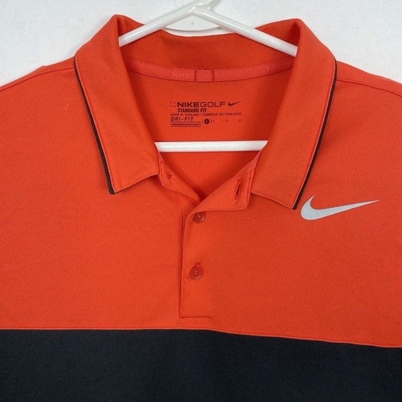 NIKE Dri-Fit Icon Colorblock Golf Shirt Swoosh 882085-852 Mens Sz L Orange Black - Picture 2 of 6